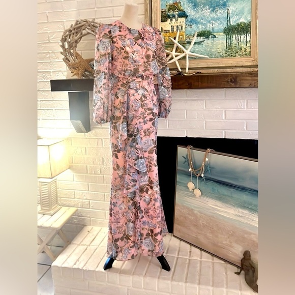 NWT Eliza J Blush Pink Floral Print Chiffon Cascade Long Sleeve Dress,size 6 - Picture 9 of 12